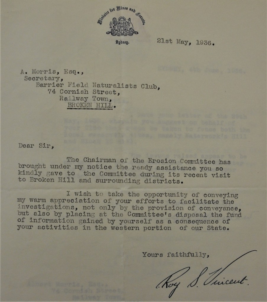 NSW Minister Mines and Forests to Albert Morris Secretary BFNC 1936 Source: State Archives NSW