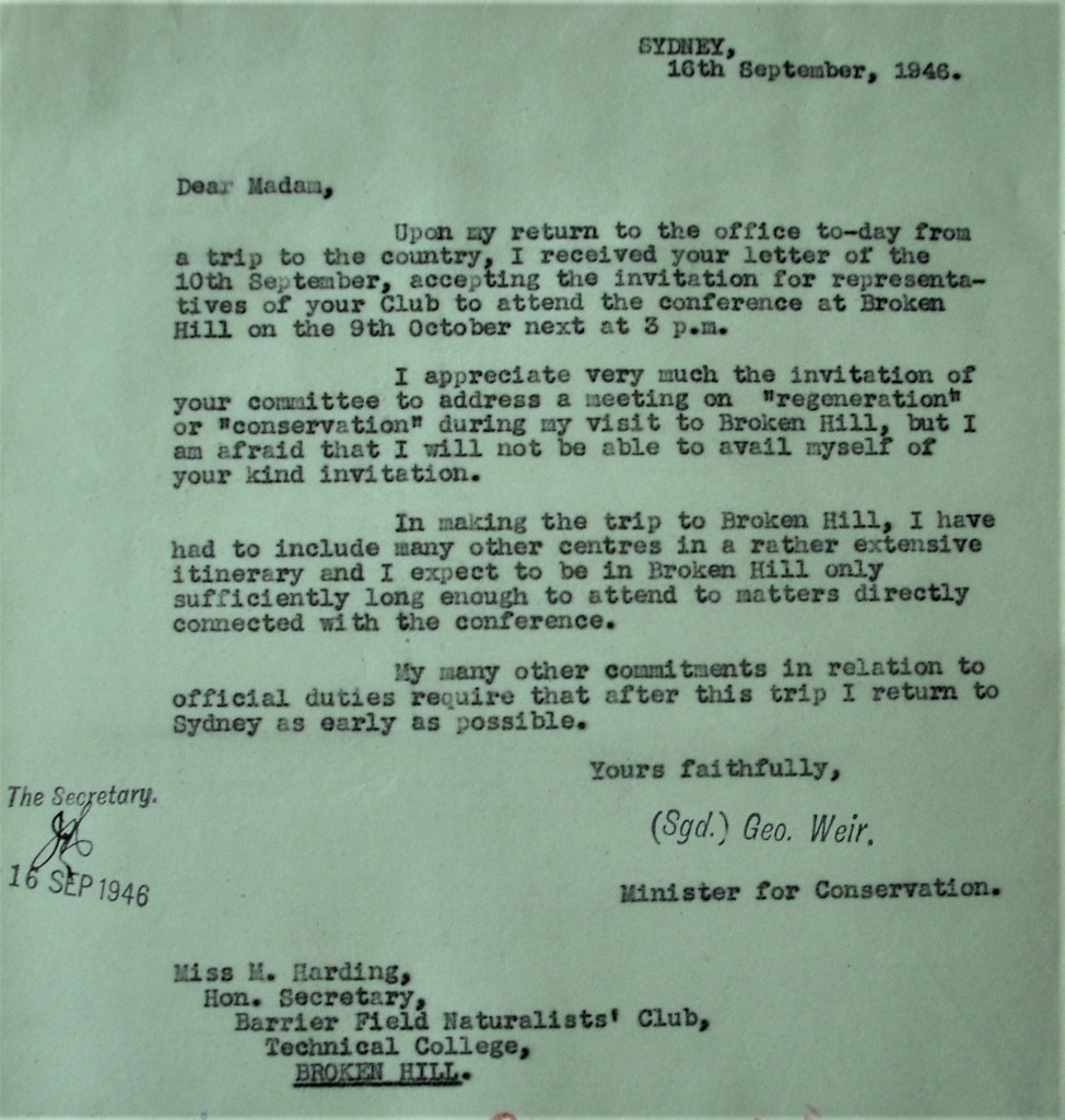 NSW Minister for Conservation to May Harding Secretary BFNC 1946 Source: State Archives NSW